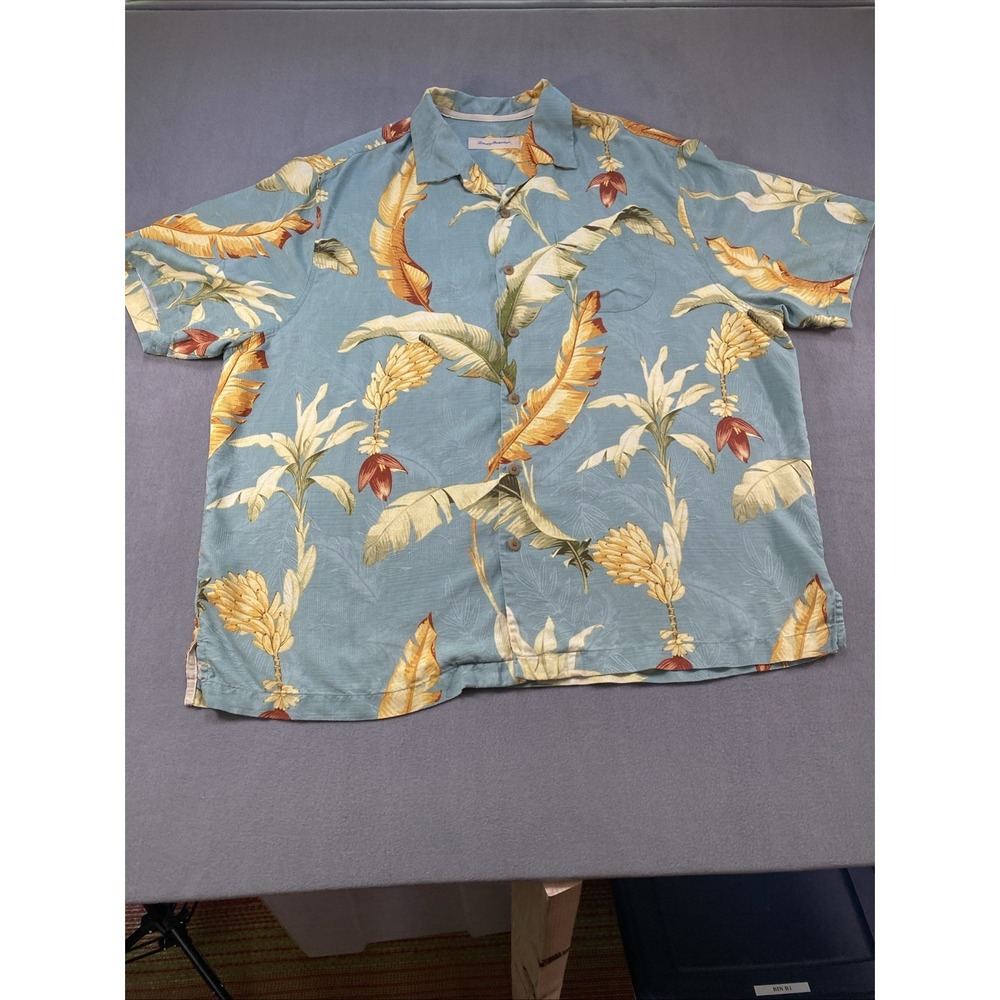 Tommy Bahama Mens Silk Short Sleeve Shirt Button Down Green Hawaiian Size 2XB